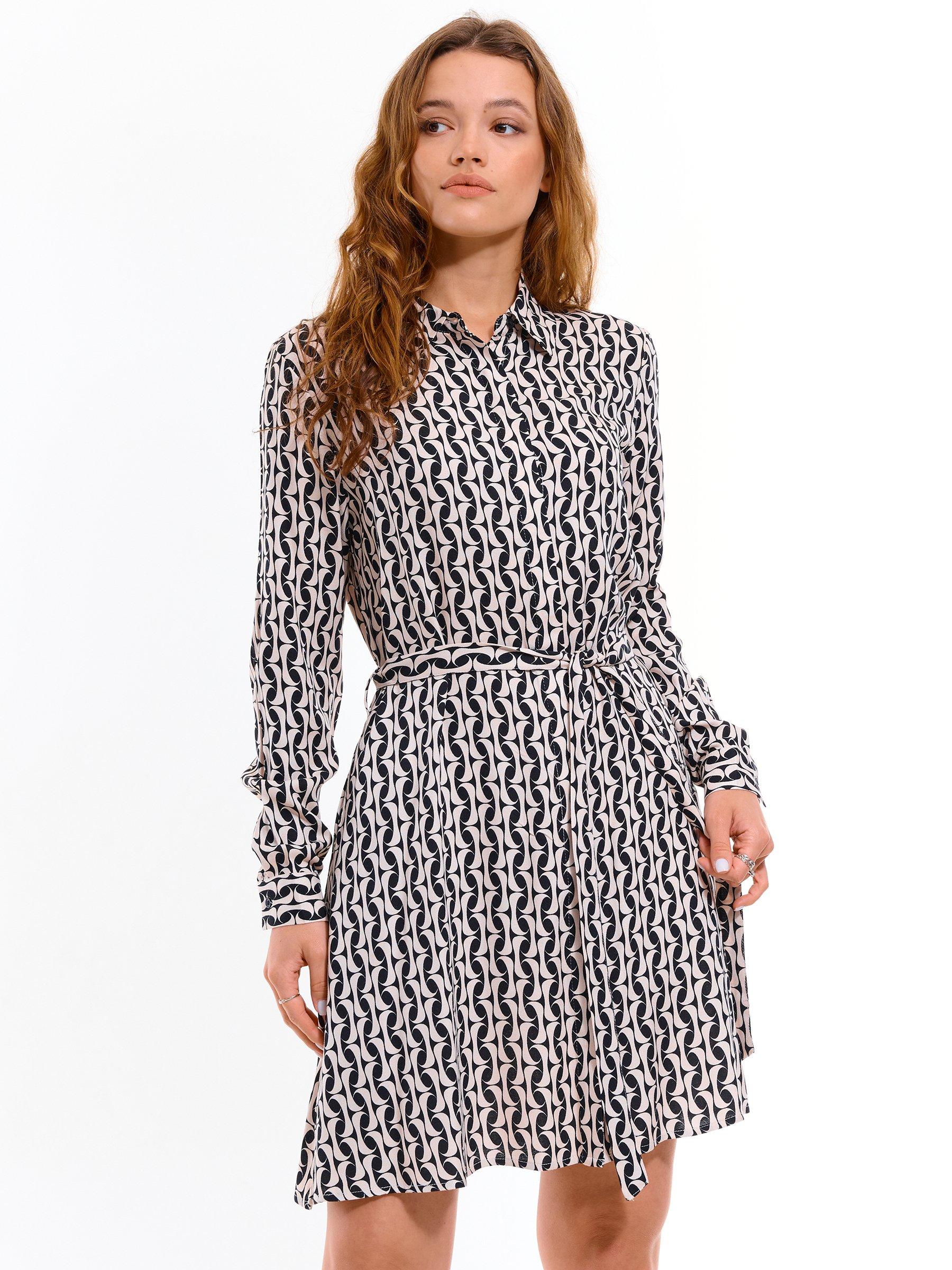 Dresses | Womens GATE Ladies patterned dress with belt All Over Print, Beige, Black