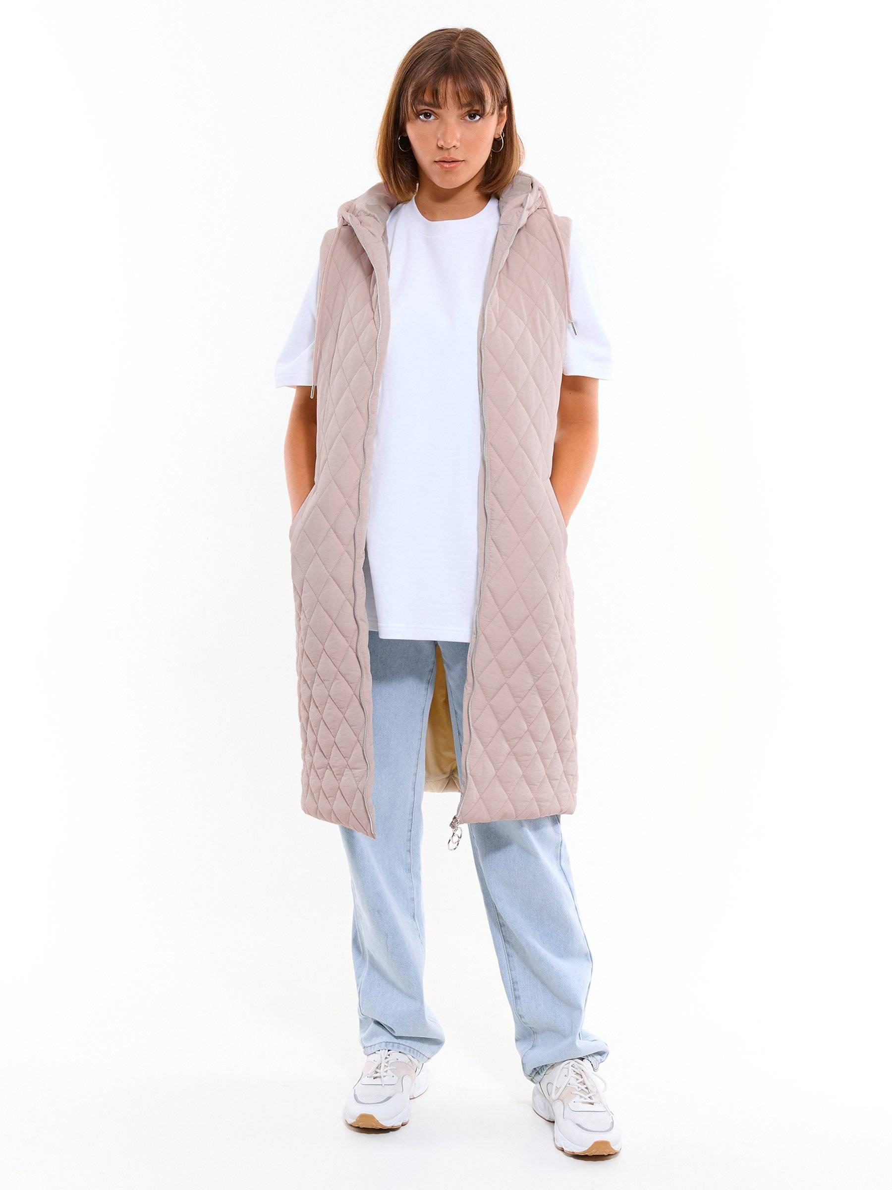 Vest | Womens GATE Longline quilted vest with hood Beige